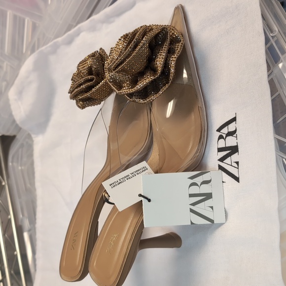 GUC - Zara woman flower vinyl heels size 38 7.5 Brown Gold - Picture 3 of 6